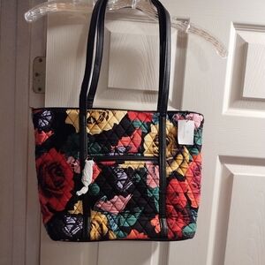 NWT Authentic Vera Bradley Vibrant Floral Quilted Tote Bag - Black, Red, Yellow